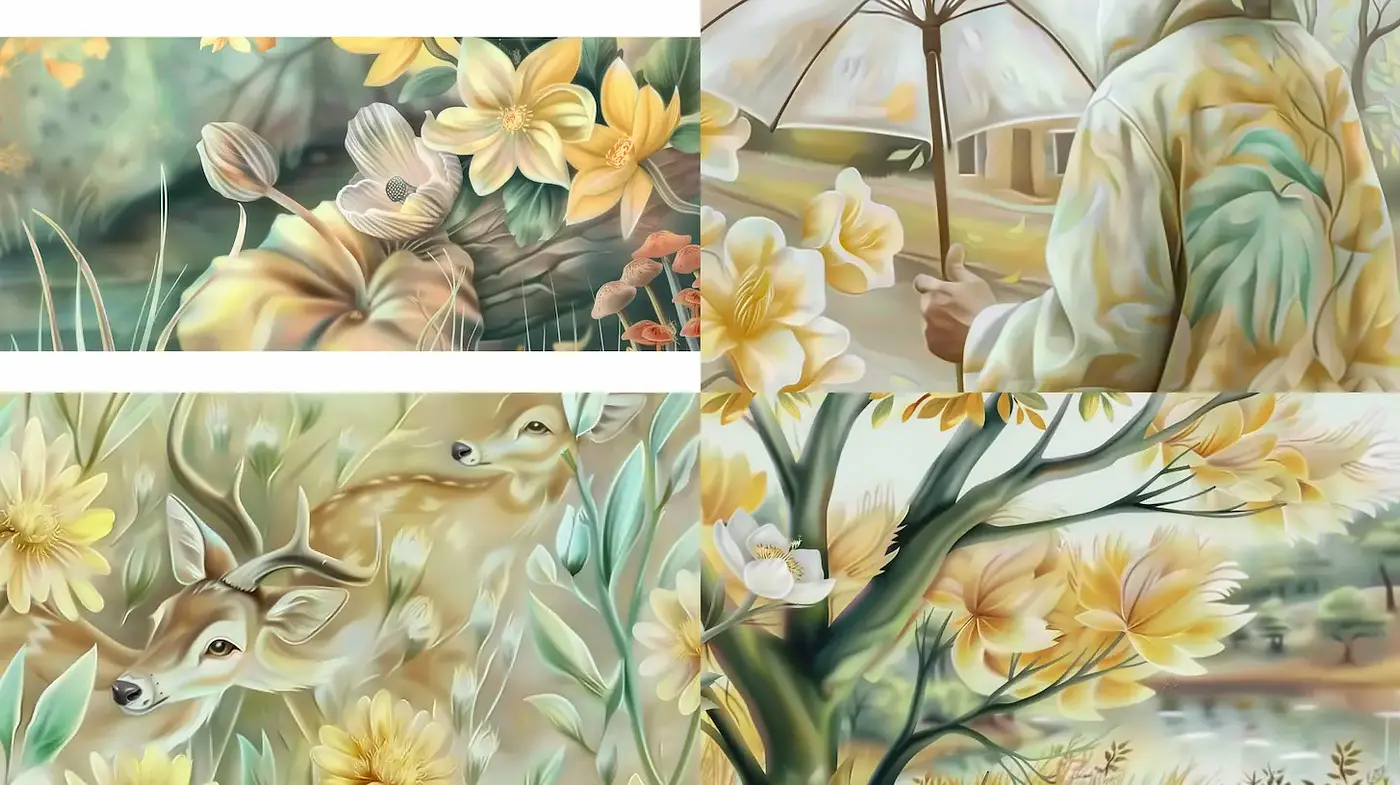 Serene and Lush Floral Illustrations with a Whimsical Touch - Midjourney sref style