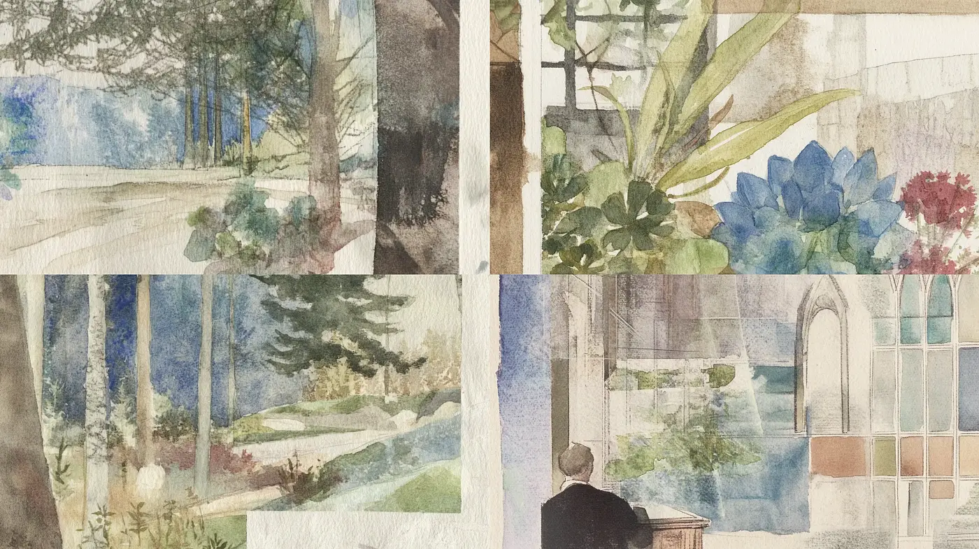 Gentle Watercolor Gardenscape: A Tranquil Blending of Nature with Light Washes - Midjourney sref style