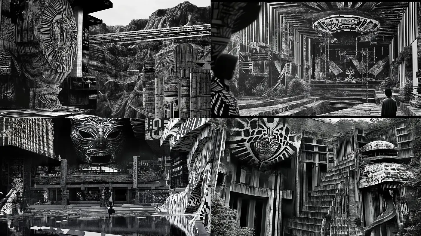 Monochromatic Visions of Surreal Architectures - Midjourney sref style