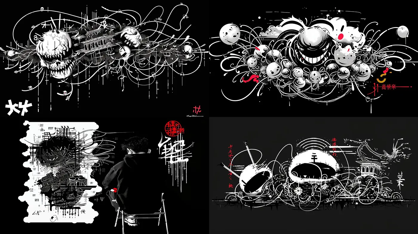 Monochrome Maelstroms with Splashes of Crimson: A Homage to Abstract Expressionism and Graffiti Art - Midjourney sref style