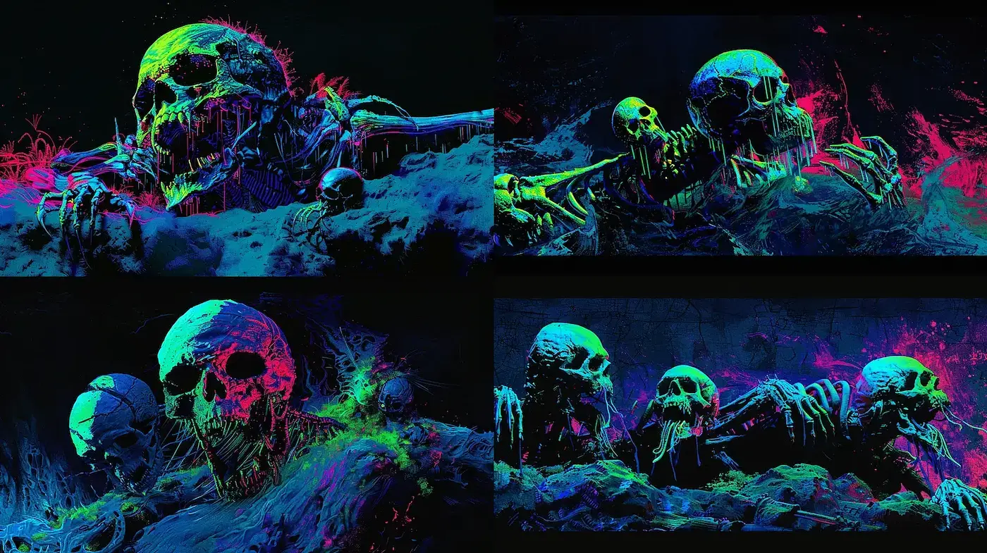 Vivid Neon Skeletons in a Surreal Dimension - Midjourney sref style