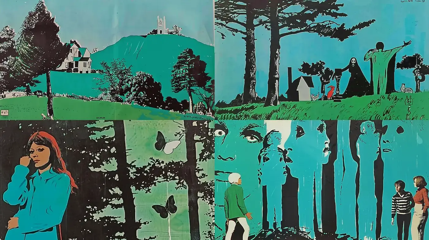 Vibrant silhouettes in a surreal landscape with retro influences - Midjourney sref style