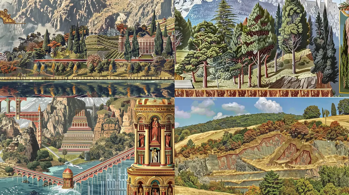 Harmonized Pastoral Imaginarium: A Journey Through Vintage Storybook Landscapes - Midjourney sref style
