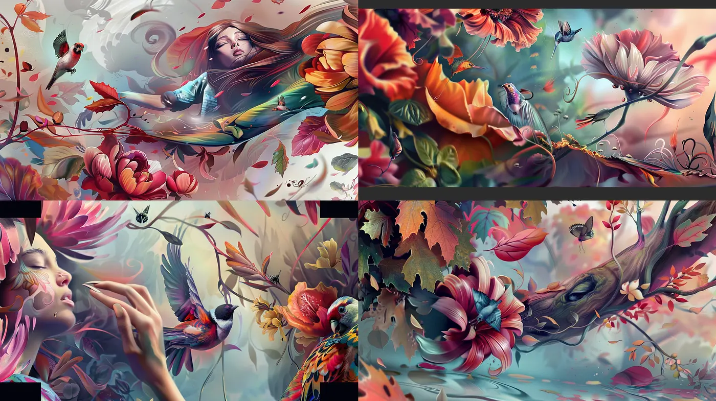 Ethereal Blossoms and Avian Dreams: A Vivid Dance of Florals and Birds in Surreal Harmony - Midjourney sref style