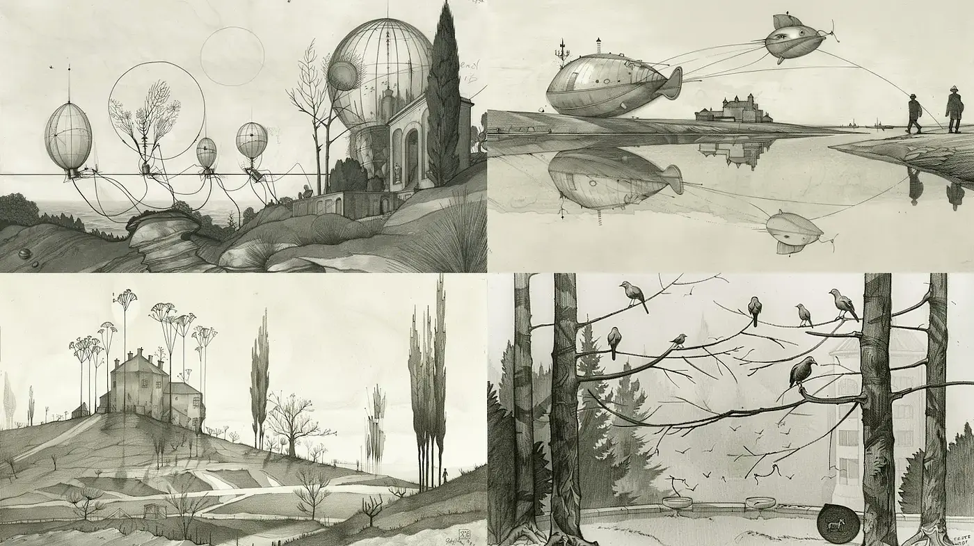 Surrealistic Aerial Landscapes with a Monochrome Palette - Midjourney sref style