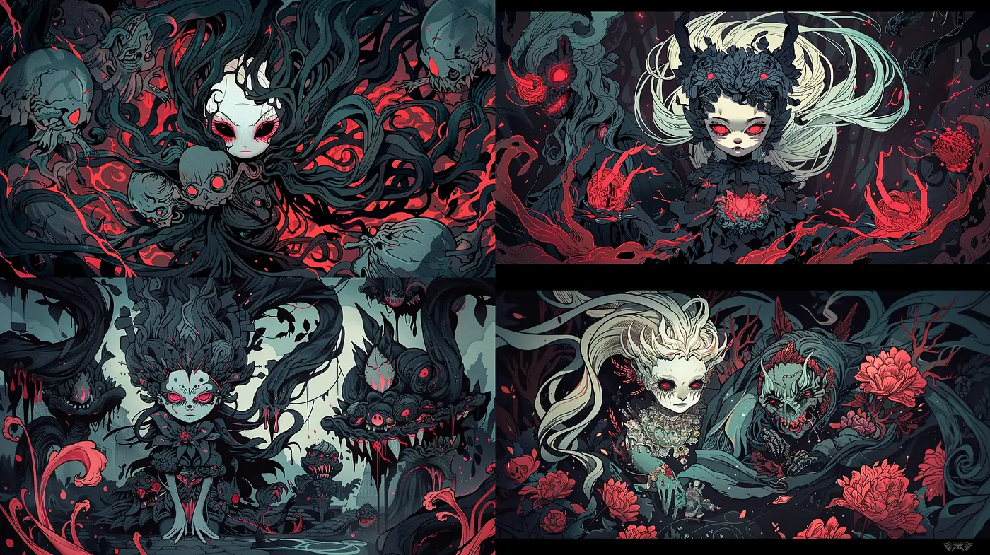 Ethereal Gothic Elegance Embodied in Dark Florals and Mysterious Entities - Midjourney sref style