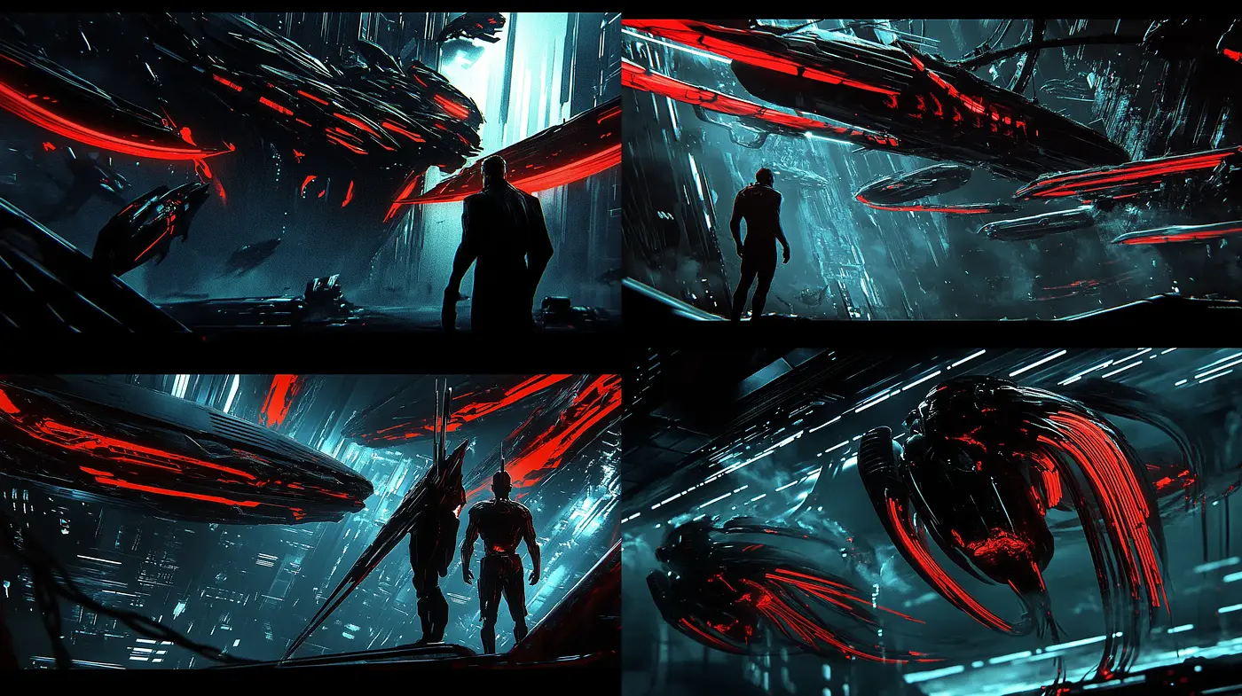 Ethereal Cybernetic Dreamscape: A Fusion of Vivid Contrast and Futuristic Noir - Midjourney sref style