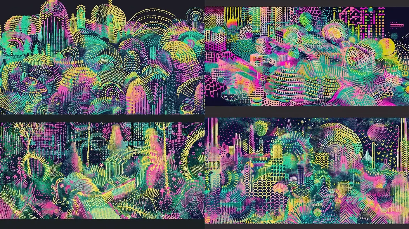 Vibrant and Playful Abstract Landscapes with Dynamic Patterns - Midjourney sref style