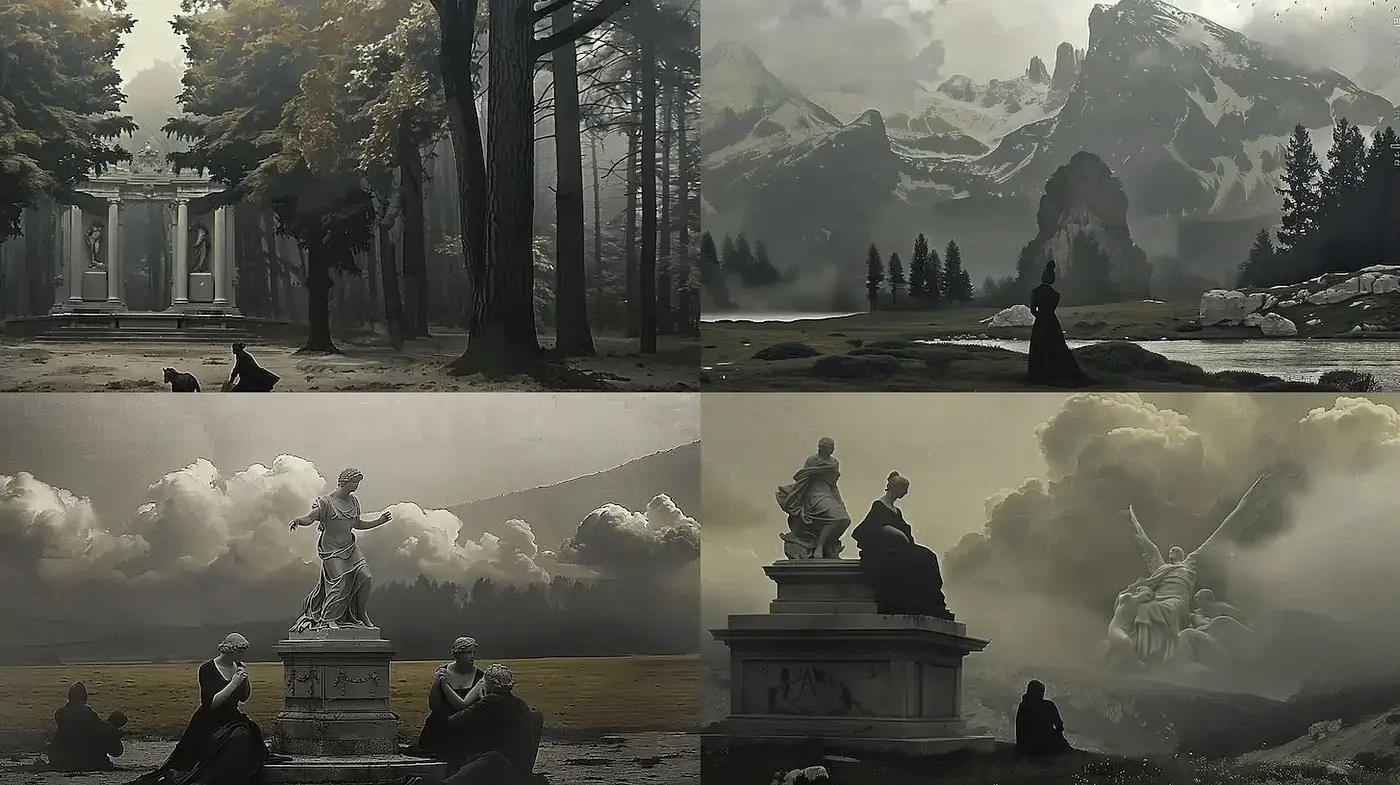 Ethereal and Dramatic Landscapes with Classical Elements - Midjourney sref style