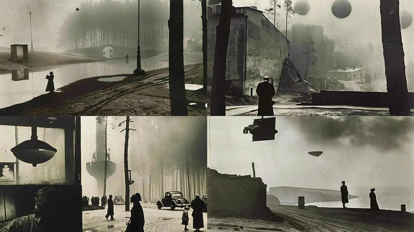 Monochromatic Dreamscape: A Nostalgic Fusion of Vintage Noir and Surrealist Imagery - Midjourney sref style