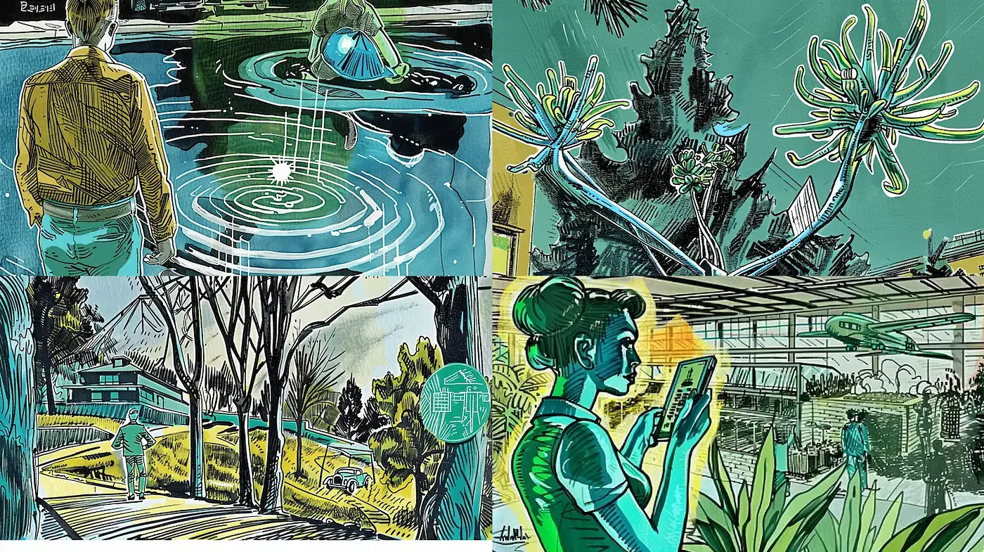 Stylized Illustrations with a Retro Aesthetic and Nature Themes - Midjourney sref style