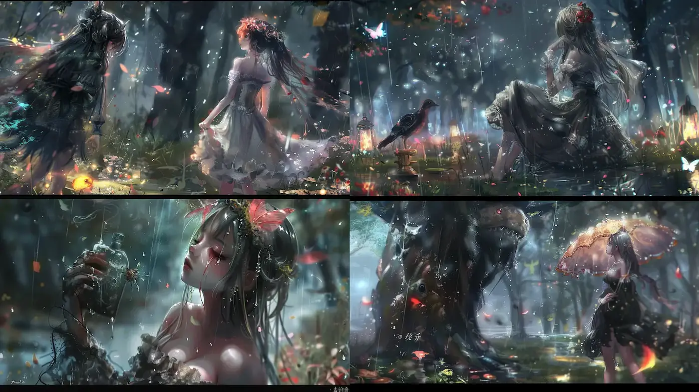 Ethereal Forest Fantasy with Enigmatic Characters - Midjourney sref style