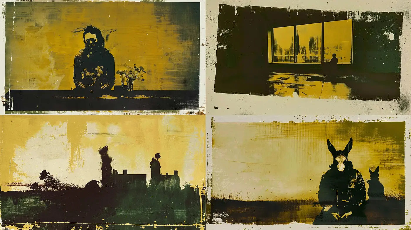Sepia-toned Silhouette Vignettes with a Rustic Textural Essence - Midjourney sref style