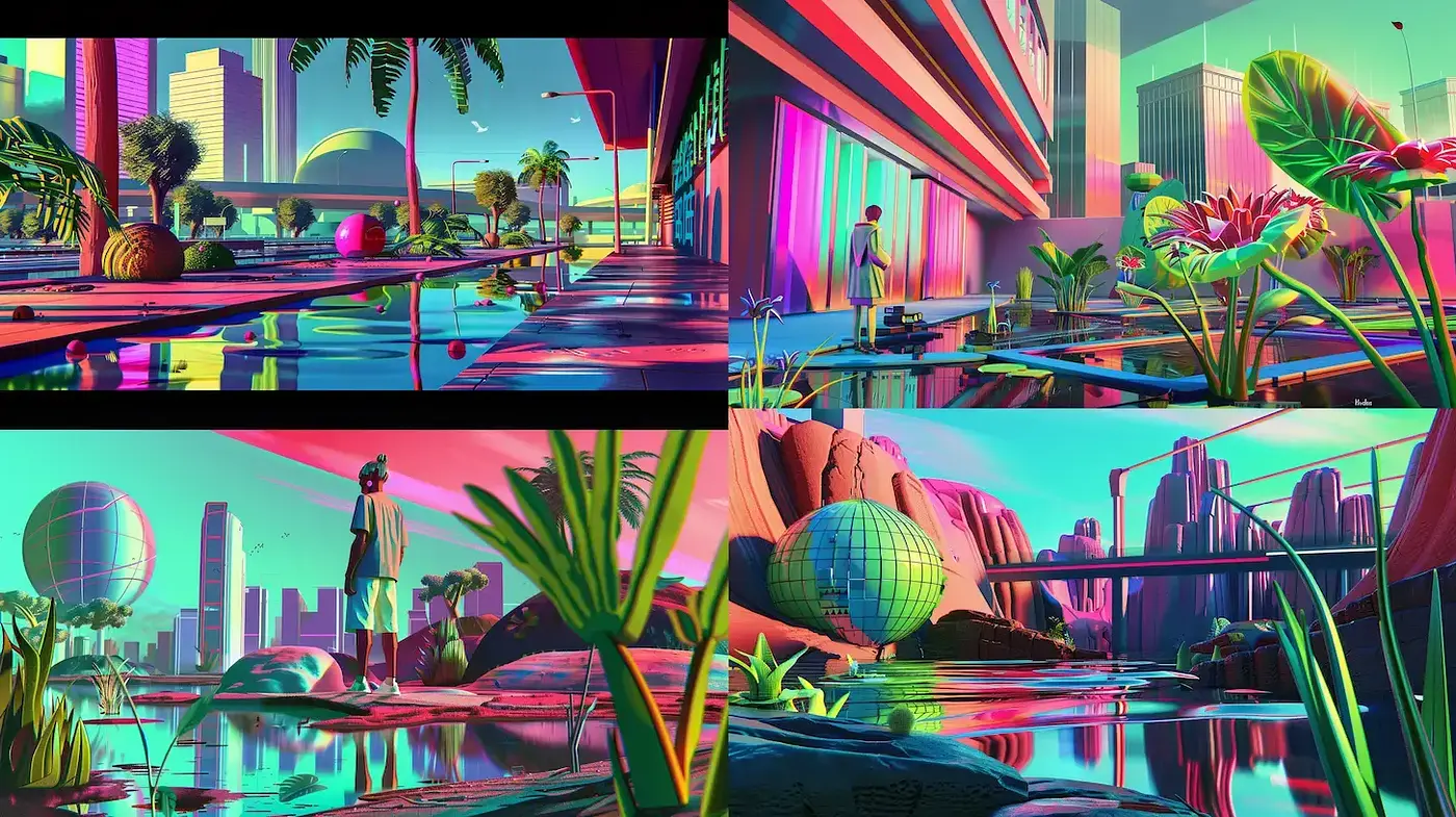 Vibrant Futuristic Landscape with Retro Aesthetics - Midjourney sref style