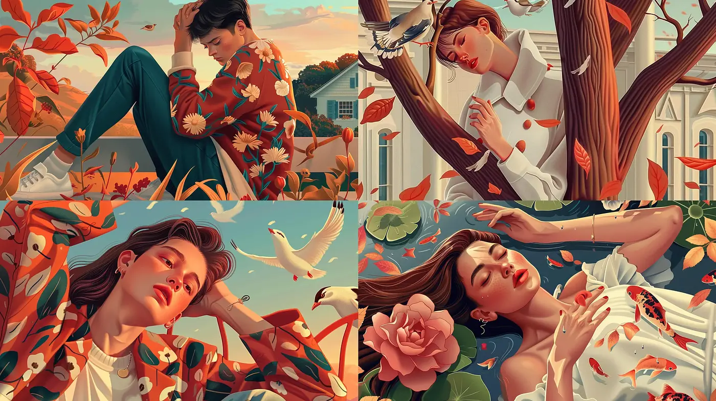 Harmonious Fusion of Natural Elements with Vintage Elegance in Portrait Illustrations - Midjourney sref style