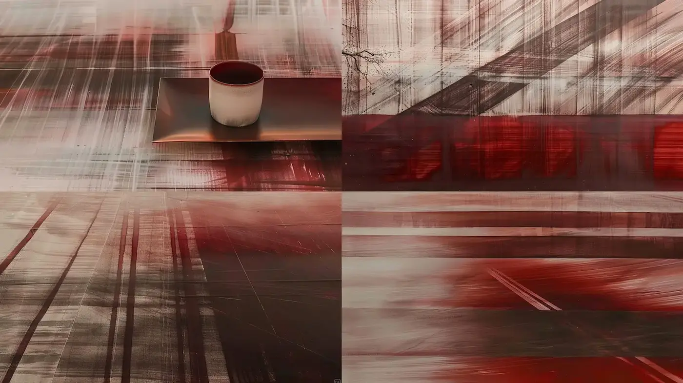 Abstract Composition with Dynamic Movements in Red Tones and Textured Layers - Midjourney sref style