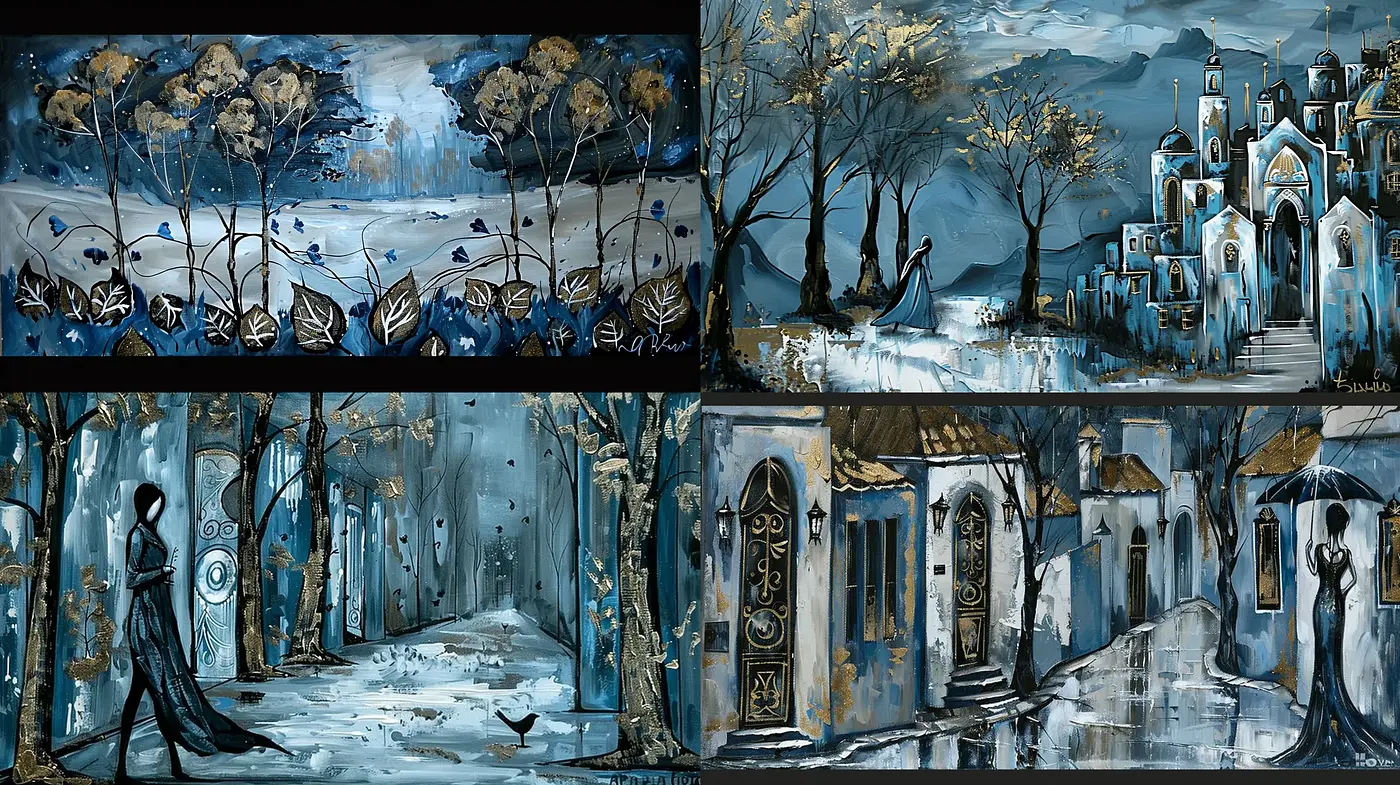 Gloomy Elegance in Midnight Blues: A Homage to Night-time Serenity and Mysterious Allure - Midjourney sref style
