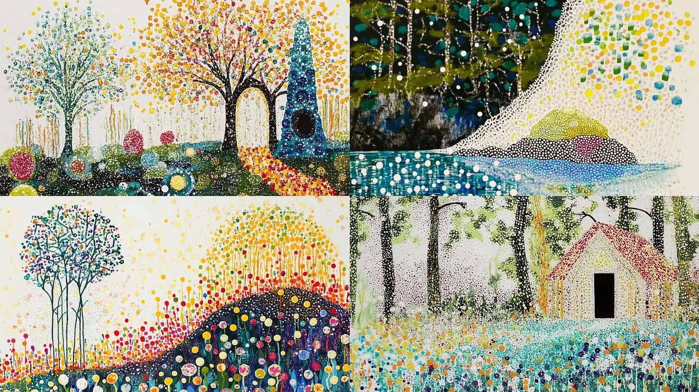 Pointillist Inspired Natural Vistas in Vivid Dots - Midjourney sref style