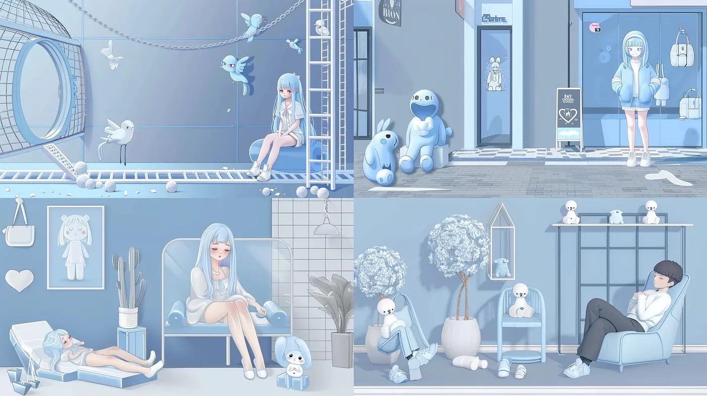 Serene Monochromatic Blue Dreamscape with Anime Influences - Midjourney sref style
