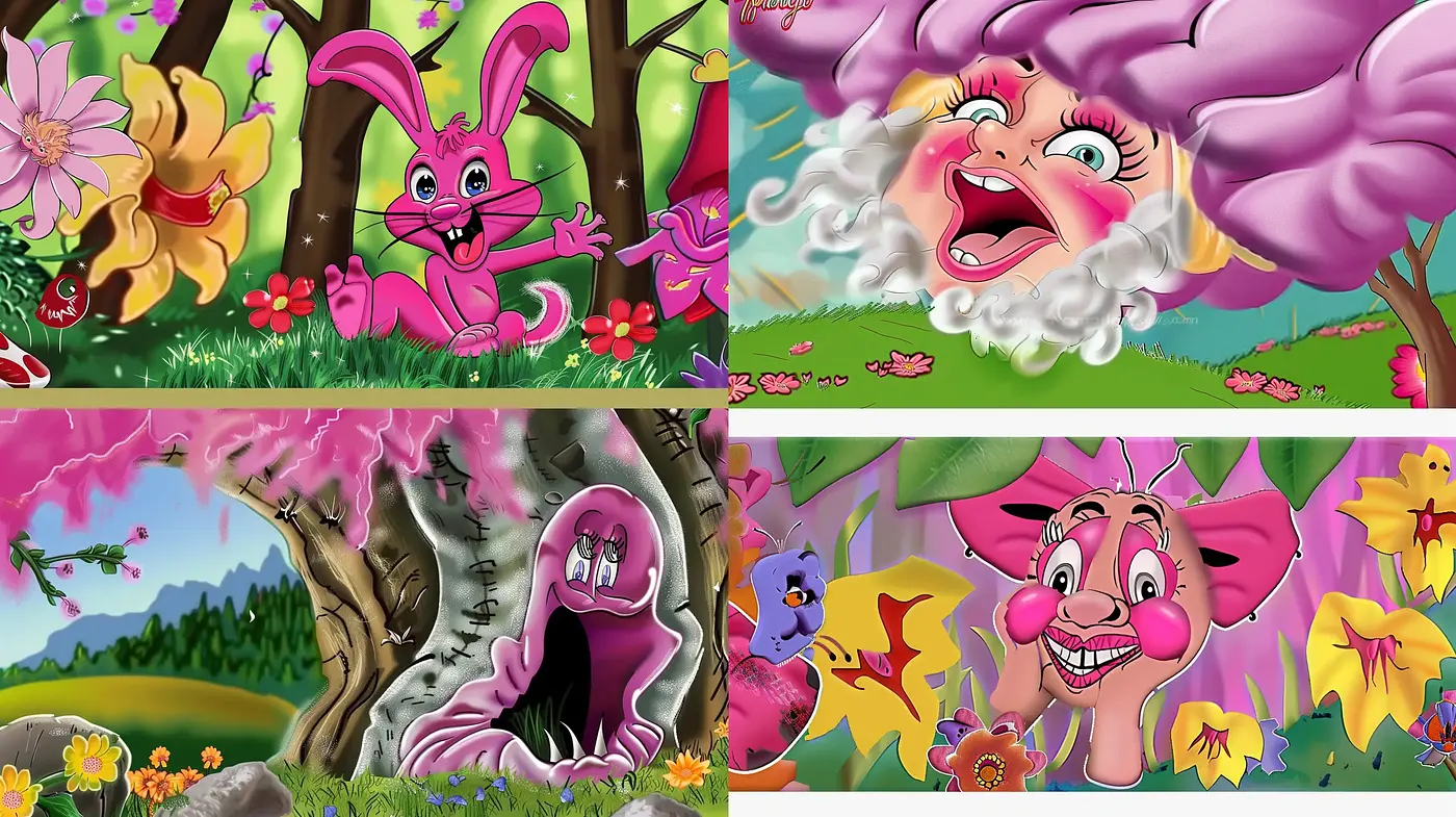 Luminous Fantasia with Saturated Hues and Expressive Caricature - Midjourney sref style
