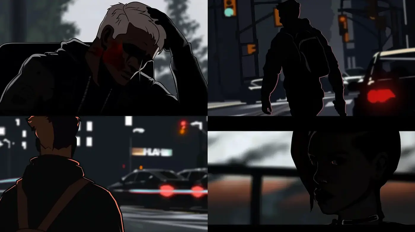 Dynamic Urban Noir with Graphic Novel Influences and Dark Aesthetic - Midjourney sref style