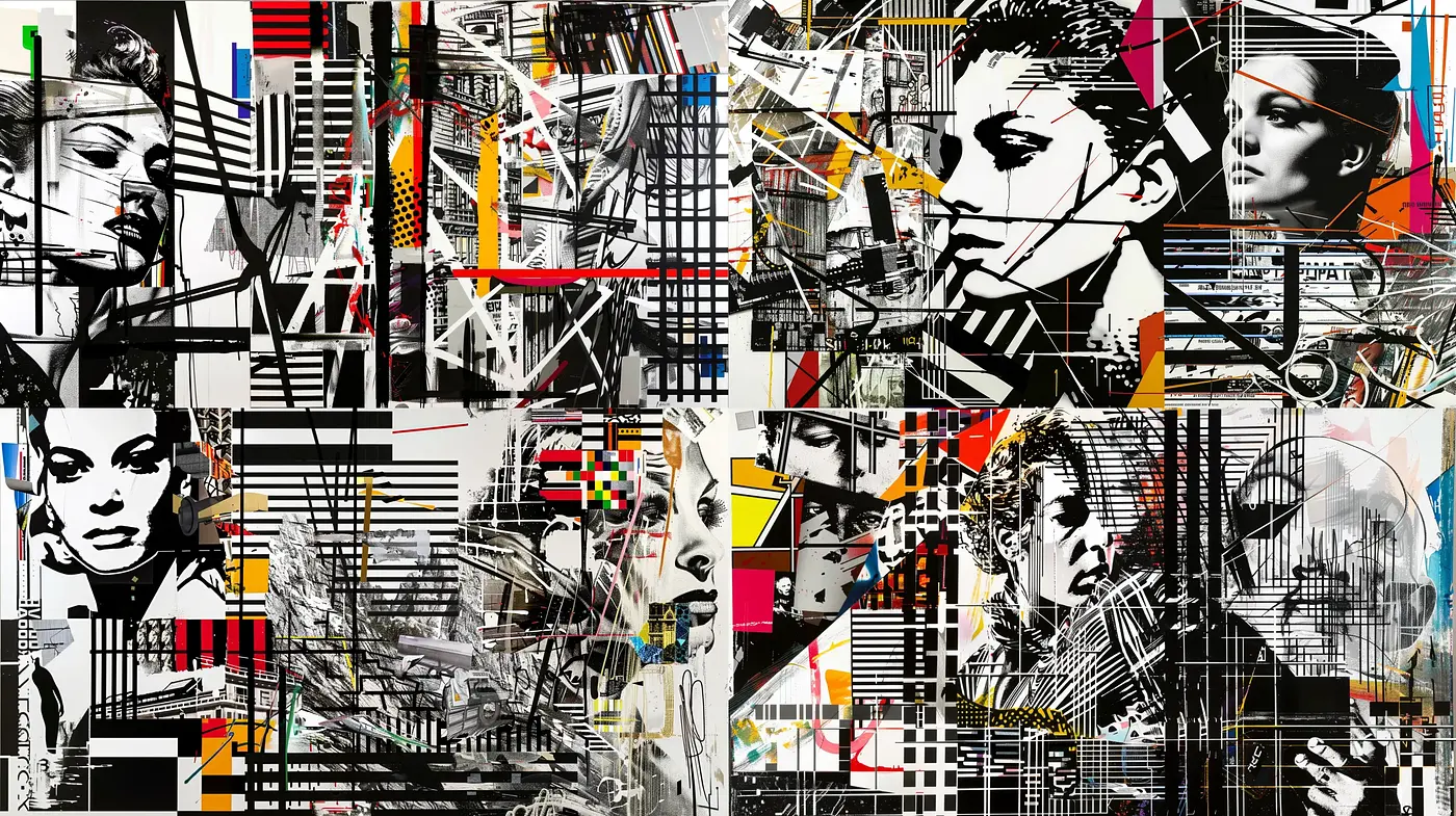 Abstract Expressionist Montage with Pop Art Overtones - Midjourney sref style
