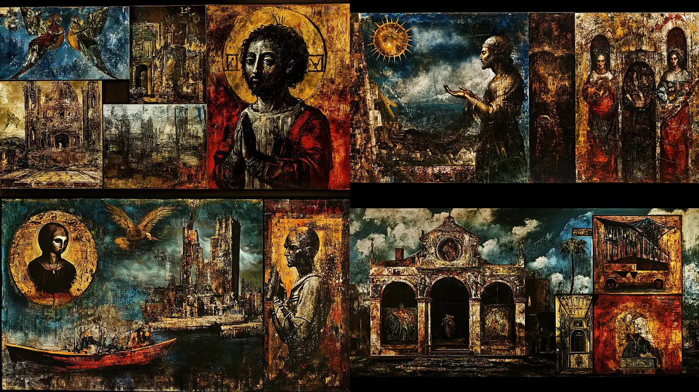 Ethereal Decrepitude: A Fusion of Post-Apocalyptic and Renaissance Art - Midjourney sref style