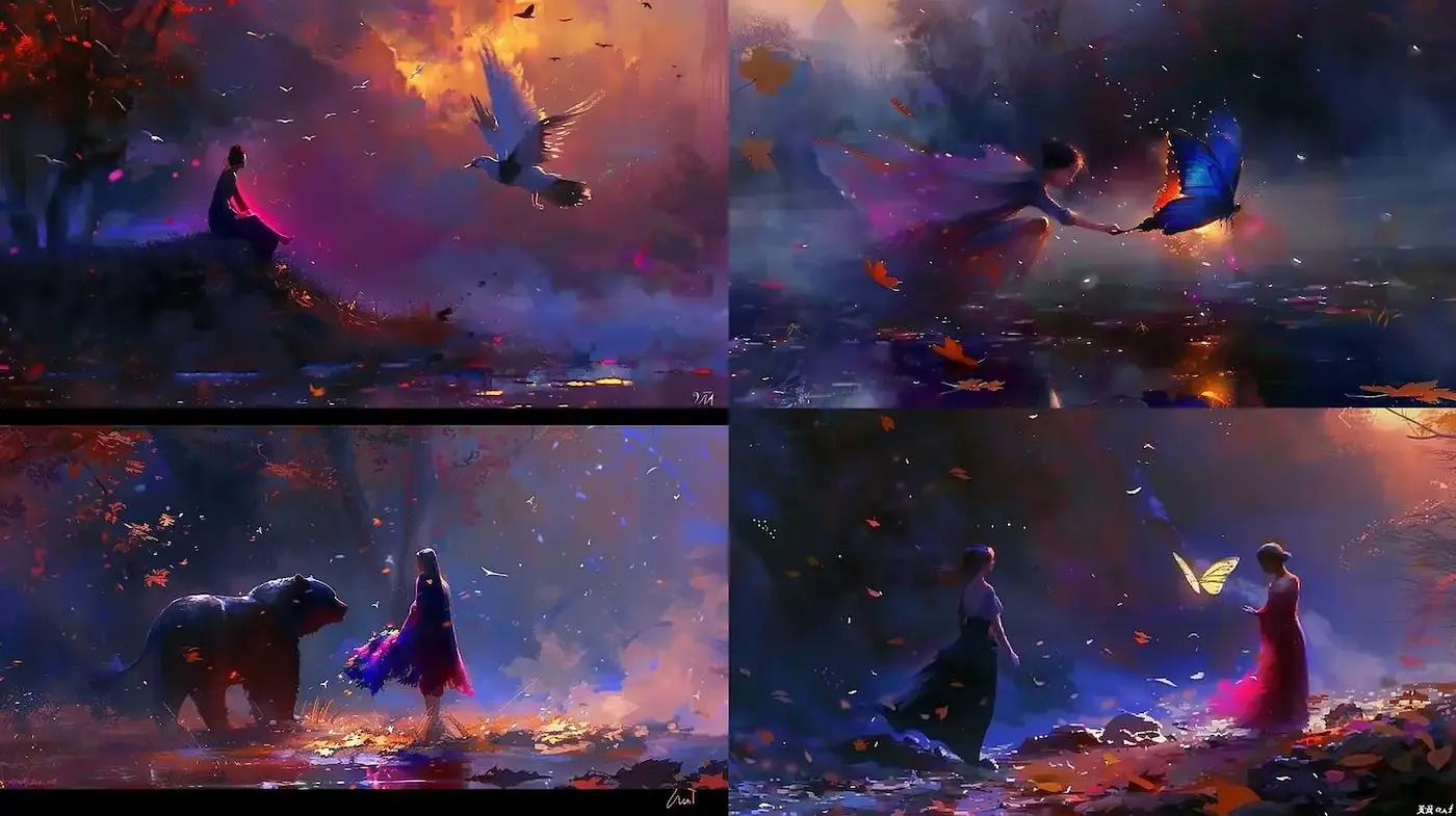 Mystical and ethereal scenes with vibrant natural elements - Midjourney sref style