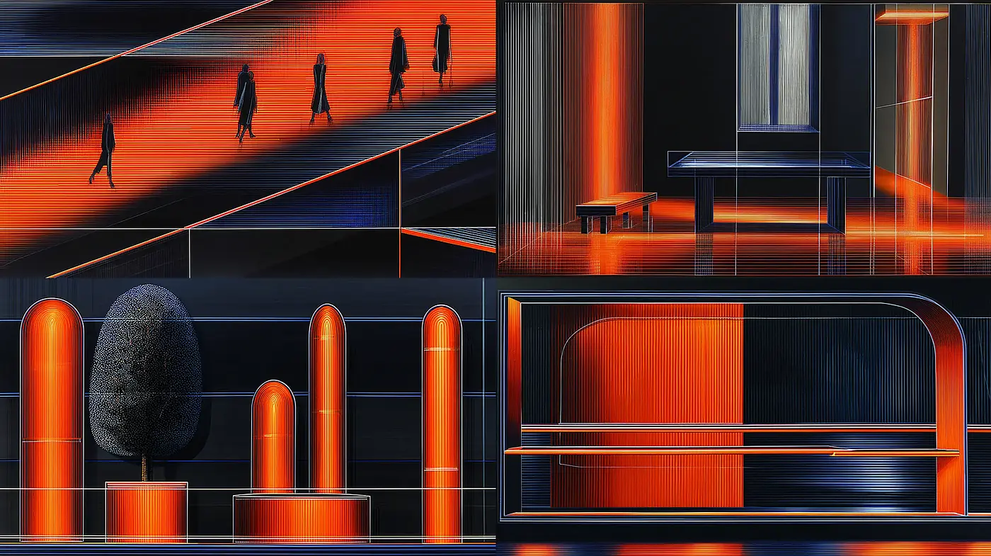 Dynamic Urban Geometries in Electric Hues - Midjourney sref style