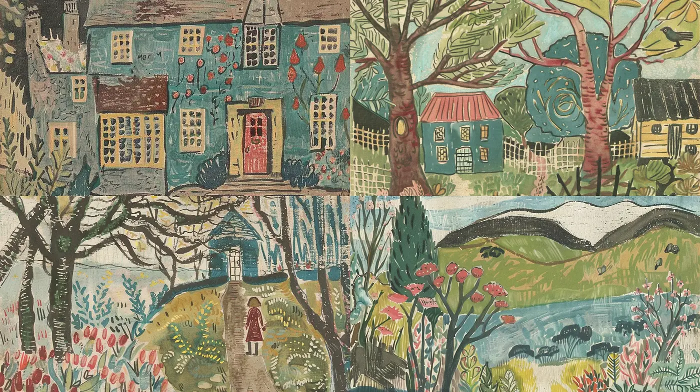 Folkloric Tapestry of Whimsical Nature: A Pastel-led Exploration of Idyllic Landscapes and Textured Serenity - Midjourney sref style