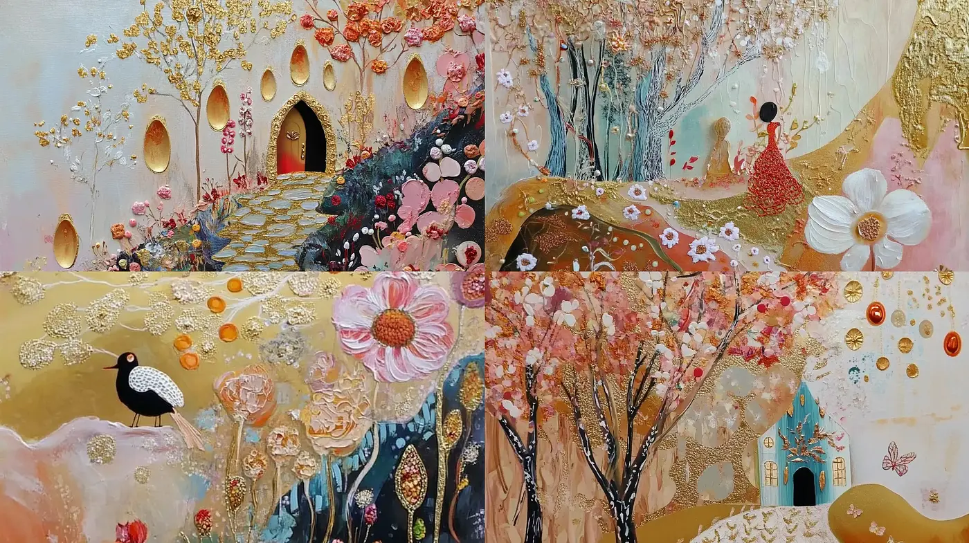 Enchanted Whimsical Dreamscape with Golden Overtones - Midjourney sref style