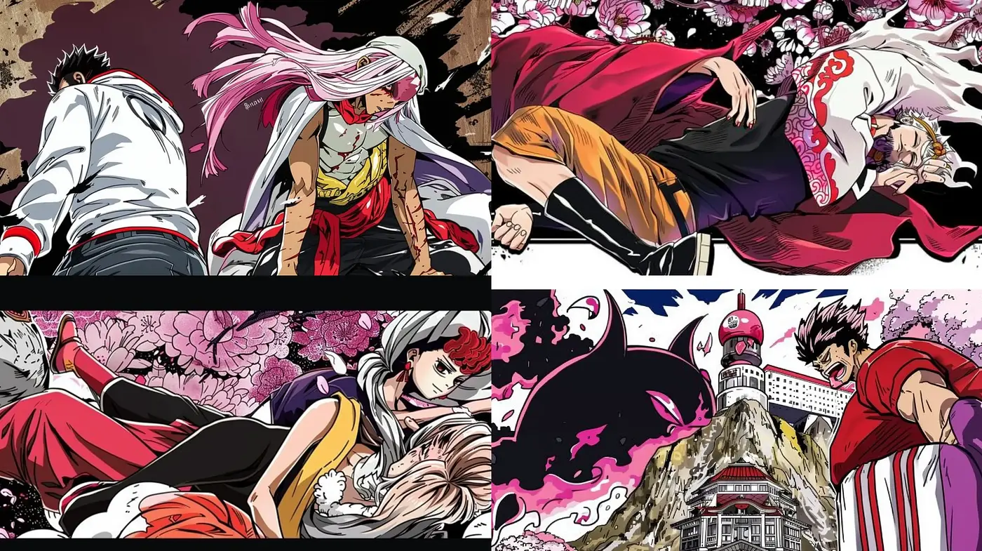 Dynamic Manga-Inspired Action with a Lush Floral Overlay - Midjourney sref style