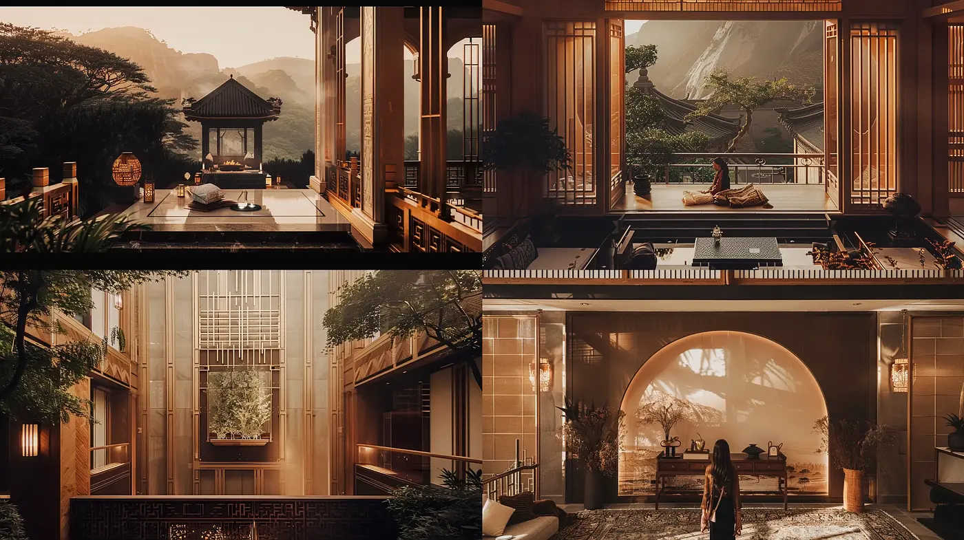 Serene Traditional Eastern Abodes Bathed in Warm Hues - Midjourney sref style