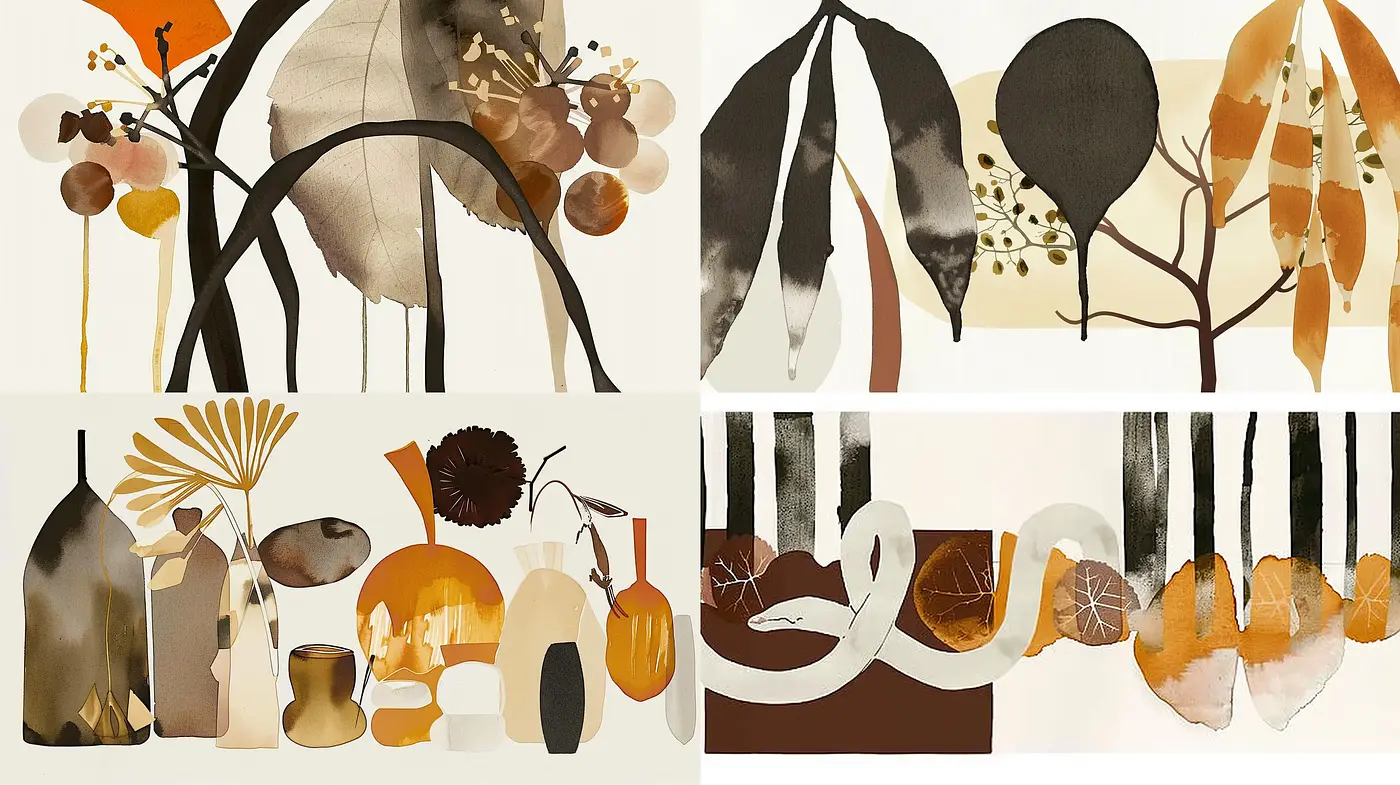Earthy Tones and Organic Silhouettes in Stylized Abstraction - Midjourney sref style