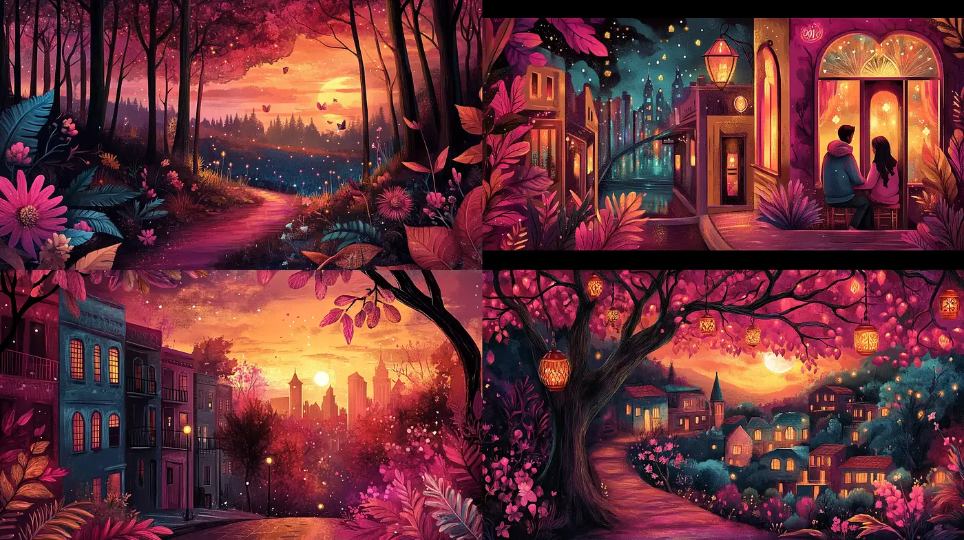 Twilight Serenade in Magenta Hues: A Dreamlike Fusion of Nature and Urban Elegance - Midjourney sref style