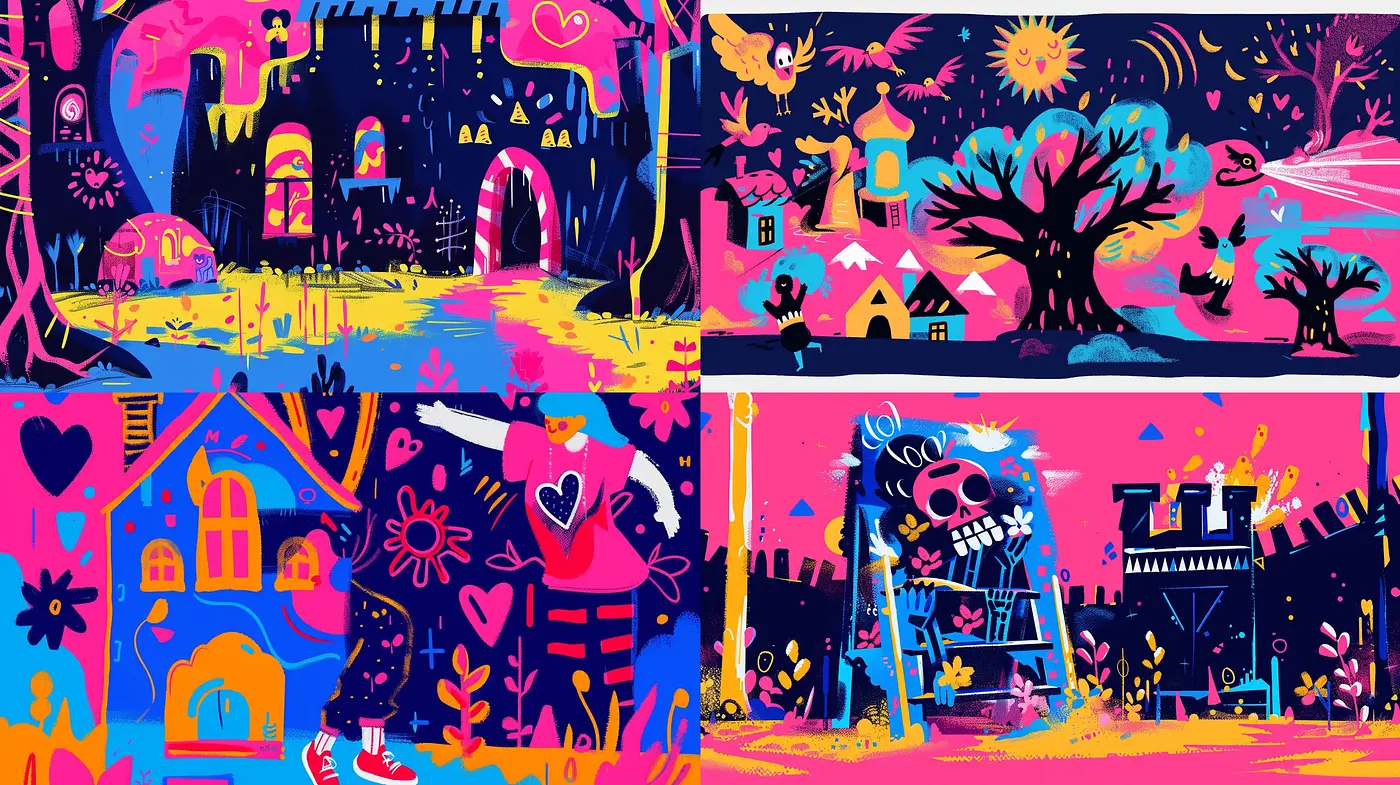 Vibrant Whimsical Panorama: A Fusion of Energetic Hues and Playful Imagery - Midjourney sref style