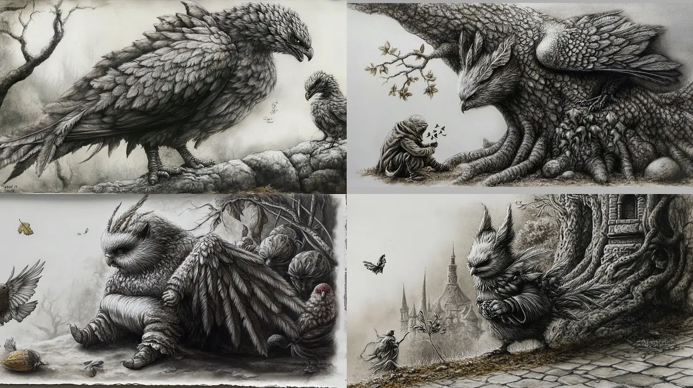 Monochromatic Mythos: Homage to Graphite Fantasia - Midjourney sref style