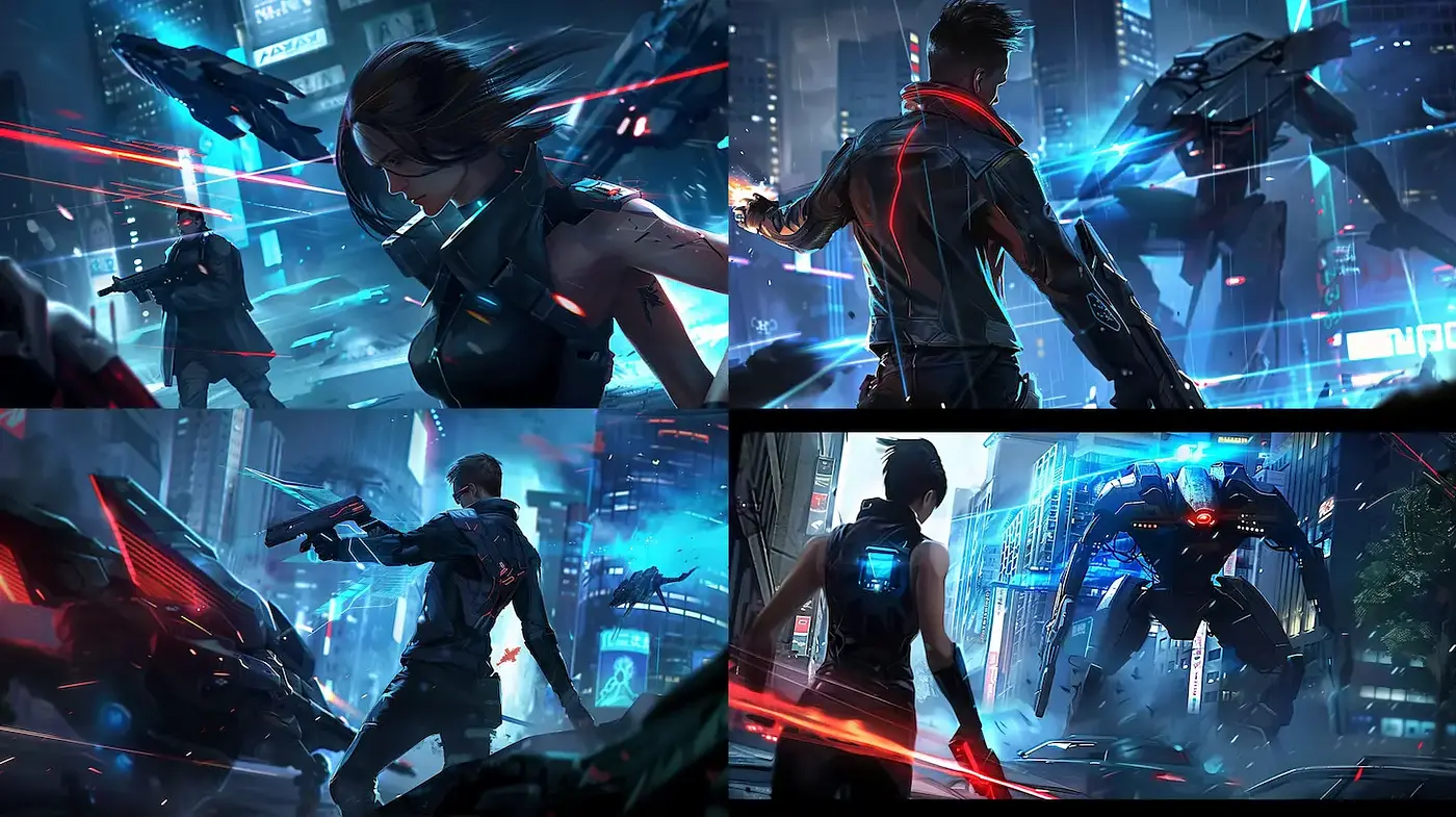 Futuristic Cyberpunk Aesthetic with Neon Accents and Dynamic Action - Midjourney sref style