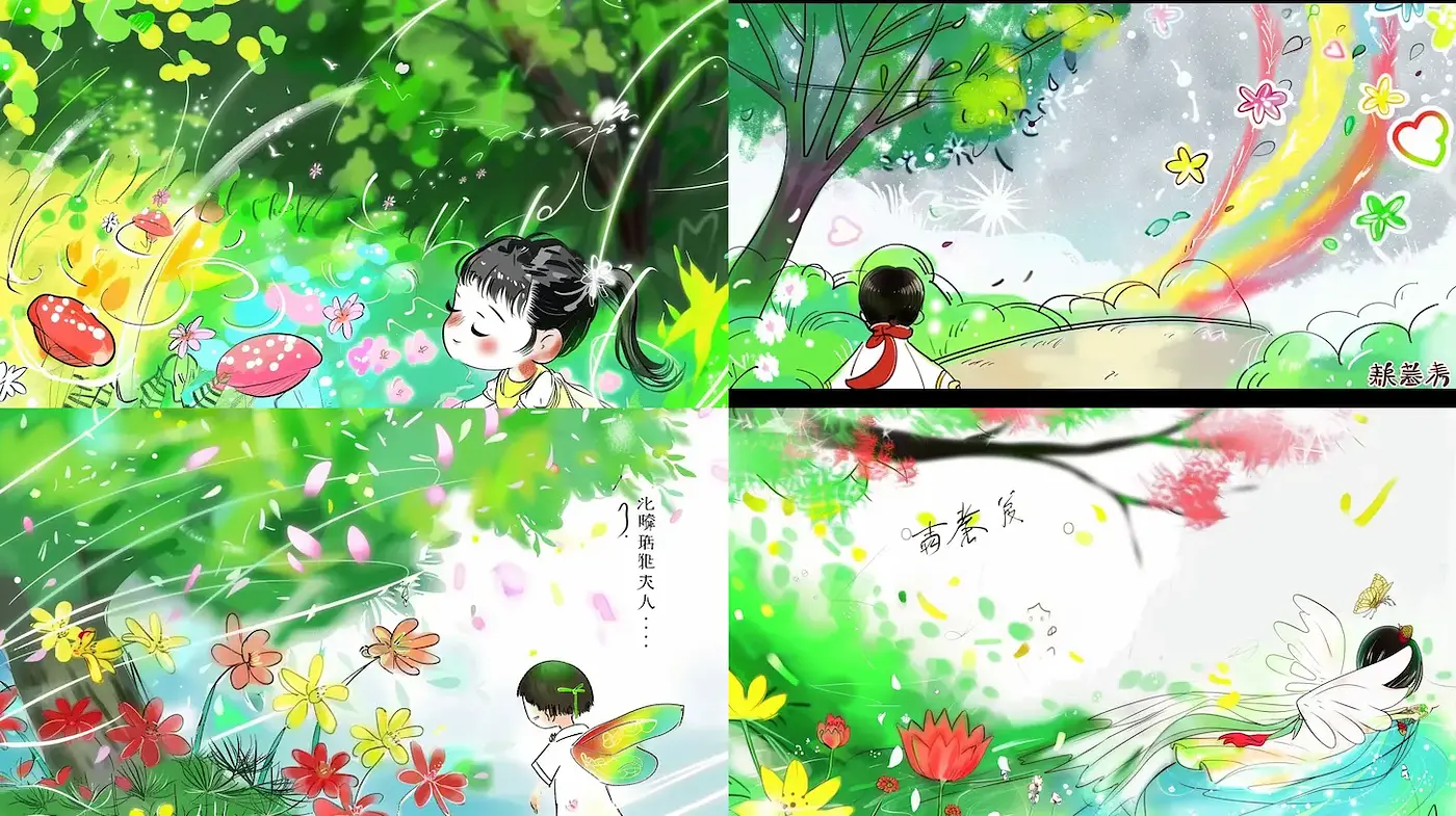 Whimsical, enchanting nature scenes with vibrant illustrations - Midjourney sref style