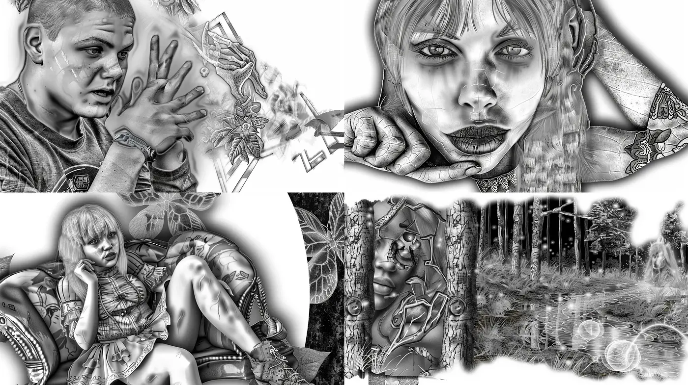 Monochromatic Fusion of Hyper-Realism and Graphic Novel Aesthetics - Midjourney sref style