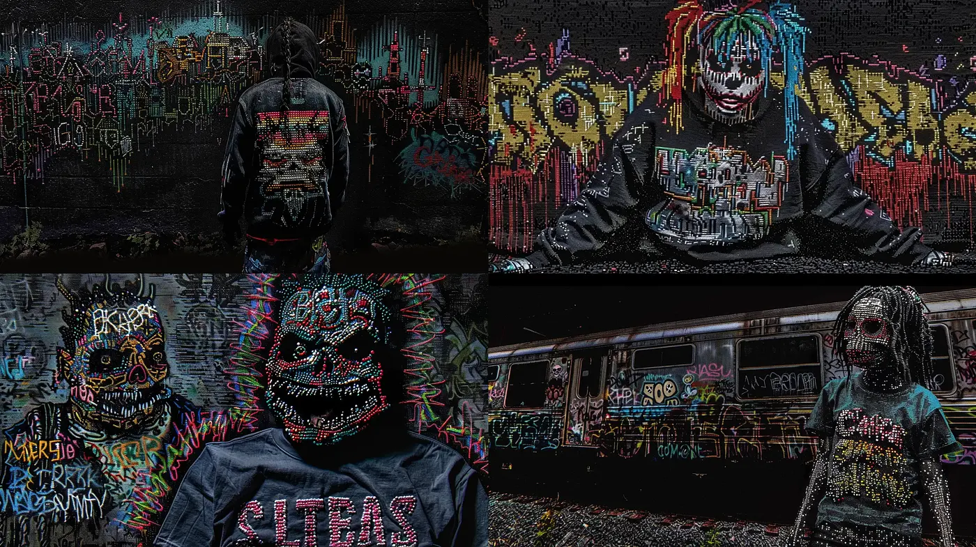 Gritty Urban Graffiti Overload with Neon Punk Vibrancy - Midjourney sref style