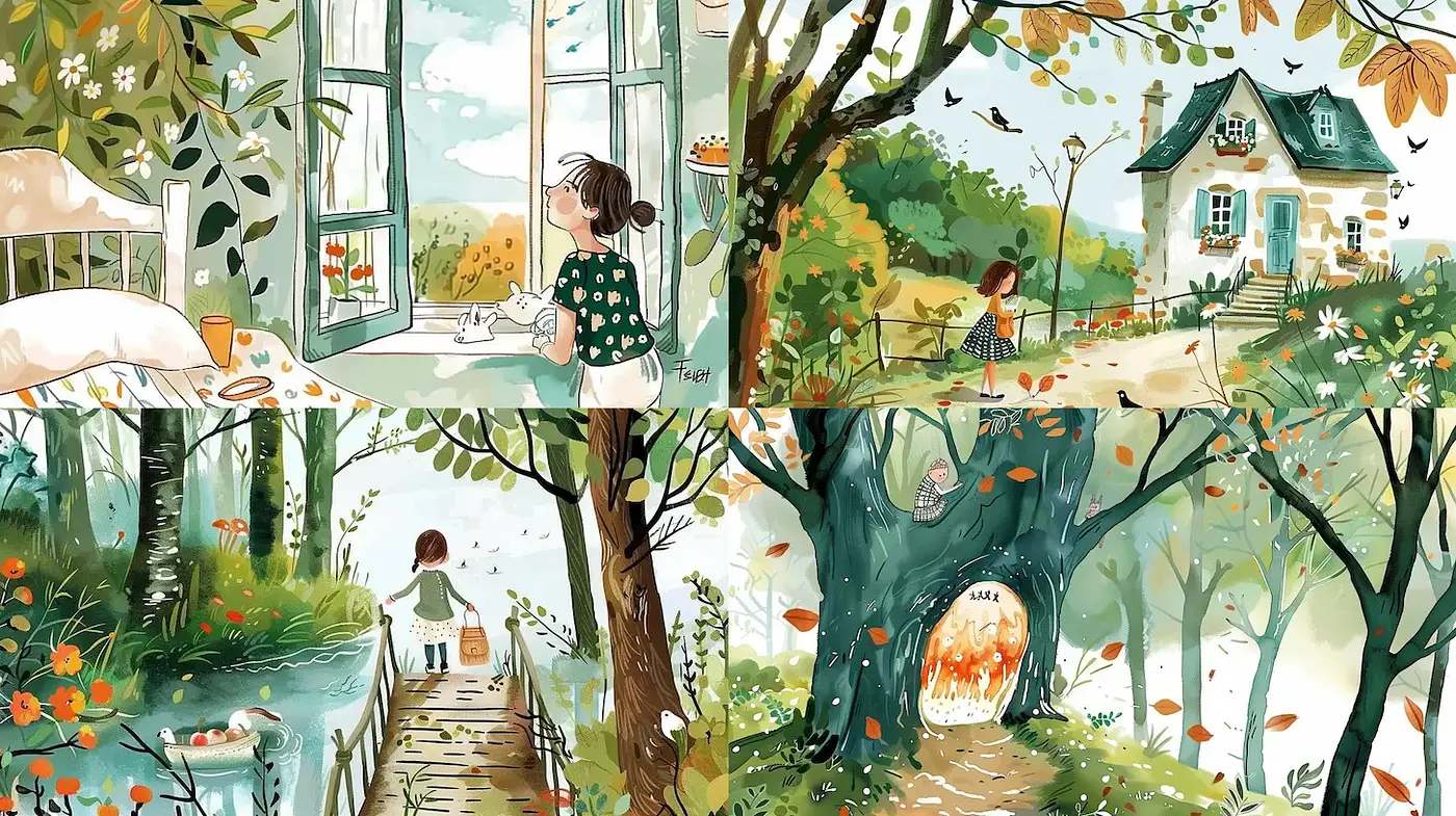 Charming Whimsical Illustrations with a Nostalgic Touch and Natural Elements - Midjourney sref style