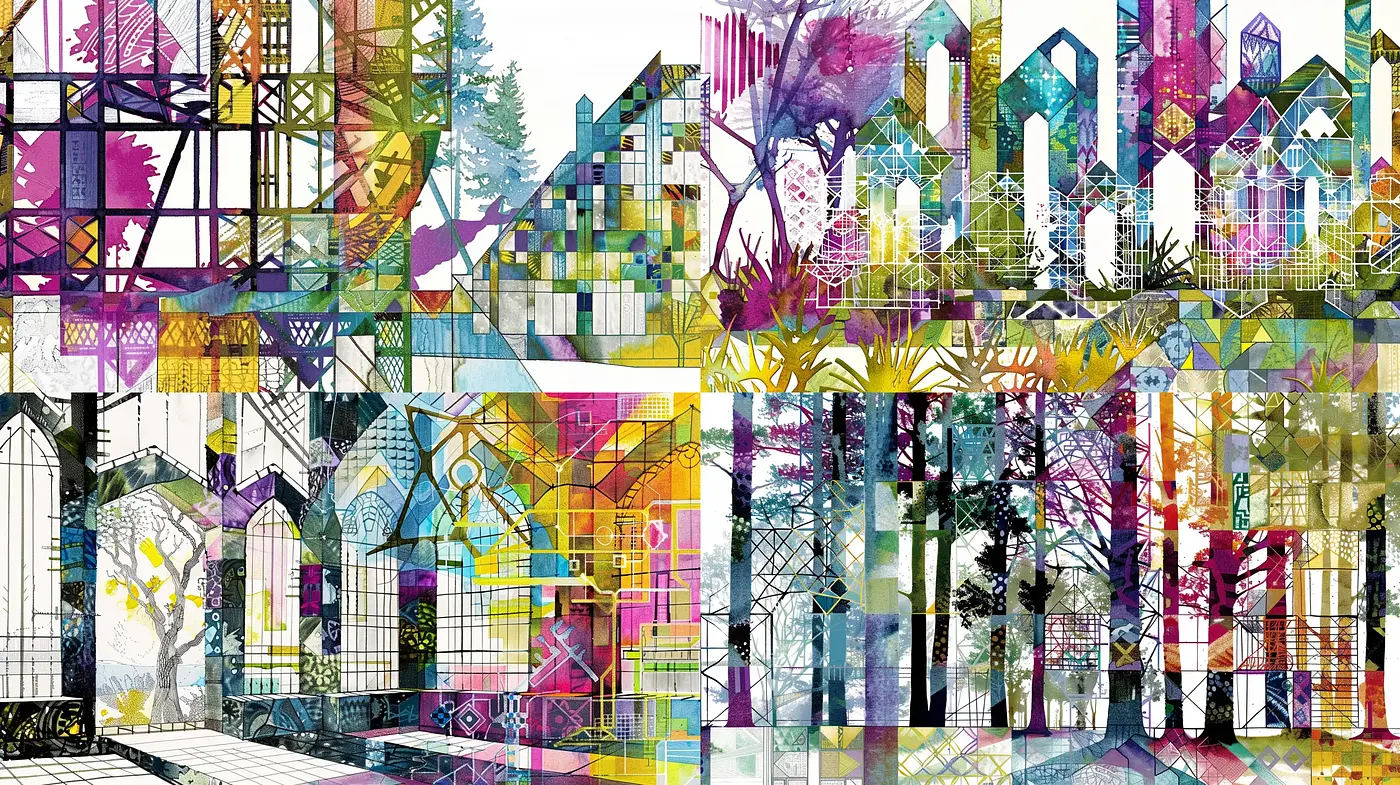 Vibrant Urban Tapestry: A Fusion of Architectural Sketching and Colorful Stained Glass - Midjourney sref style