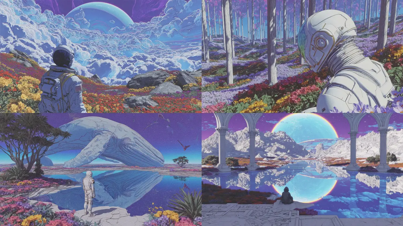 Surreal Cosmic Landscapes with Futuristic Elements - Midjourney sref style