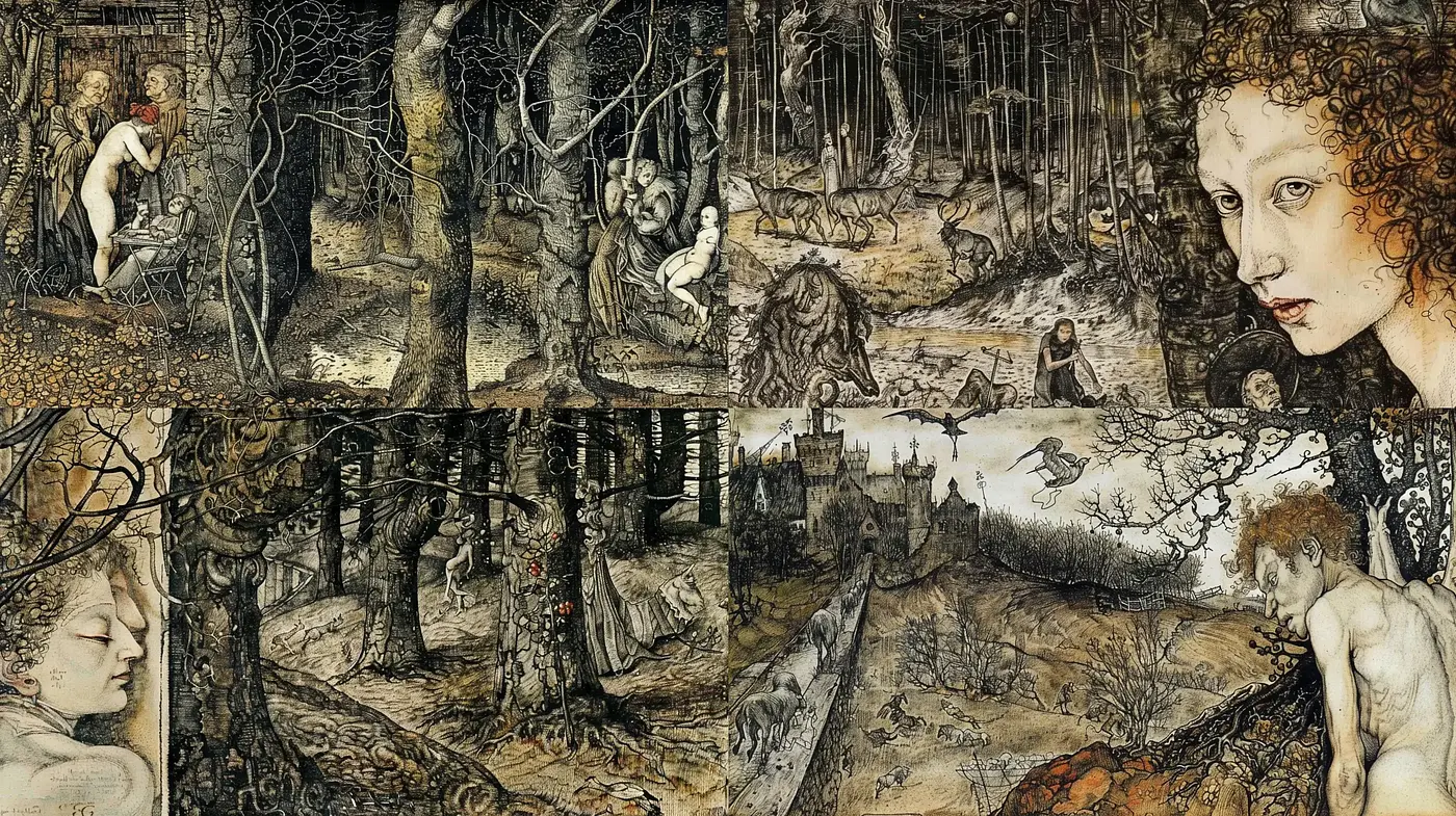 Enigmatic Forest Tapestry: A Fusion of Surrealism and Renaissance Intricacies - Midjourney sref style