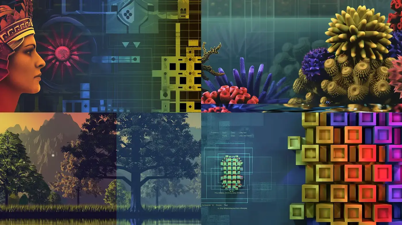 Futuristic and vibrant digital landscapes with a touch of ancient motifs - Midjourney sref style