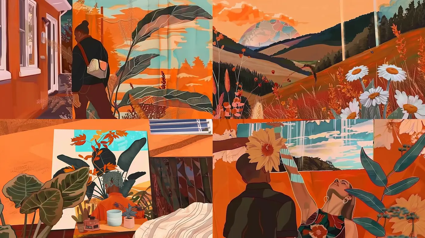 Warm Tonal Harmony with Stylized Nature Motifs - Midjourney sref style