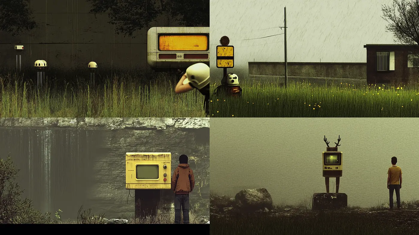 Melancholic Serenity in Surrealist Landscapes: A Fusion of Retro and Ethereal Elements - Midjourney sref style