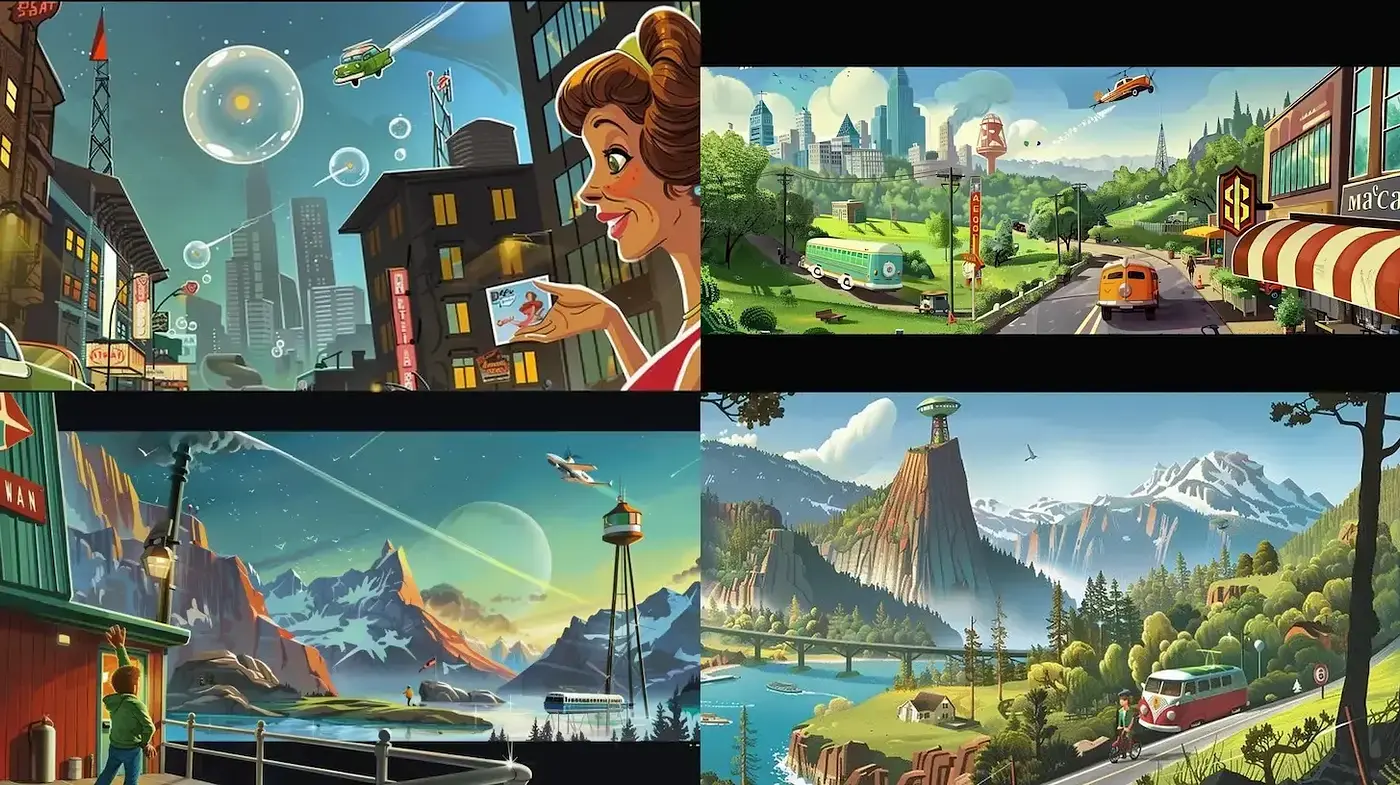 Vibrant Retro Futurism with Whimsical Elements - Midjourney sref style