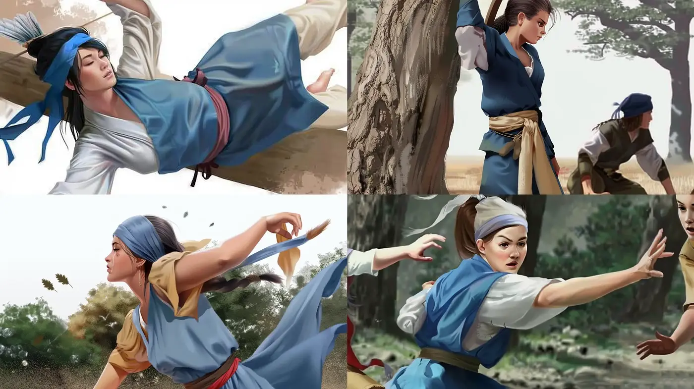 Dynamic Martial Arts Elegance in Soft Earth Tones - Midjourney sref style